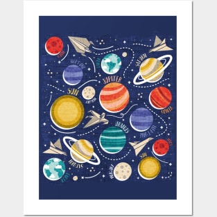 Paper space adventure I // illo // navy blue background multicoloured solar system paper cut planets origami paper spaceships and rockets Posters and Art